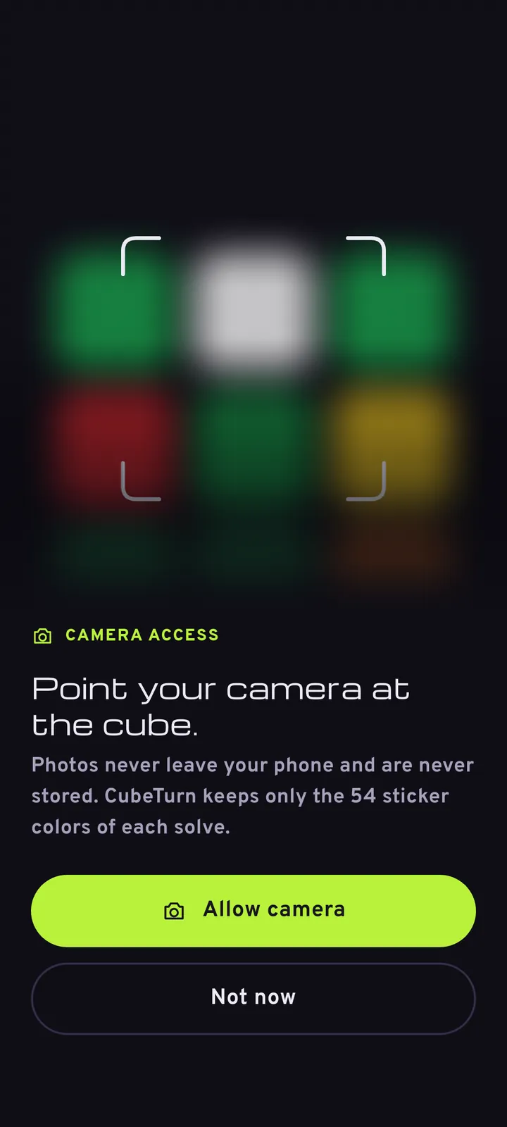 CubeTurn asking for camera access, explaining that photos never leave the phone