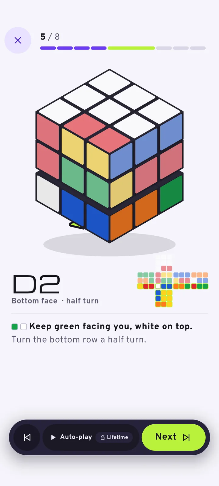 CubeTurn showing the move R with a lifted layer and a curved arrow on a 3D cube