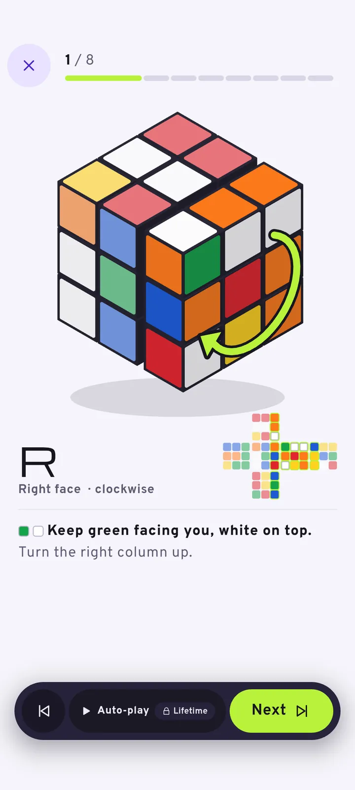 CubeTurn showing the move D2 on the bottom face during a solve